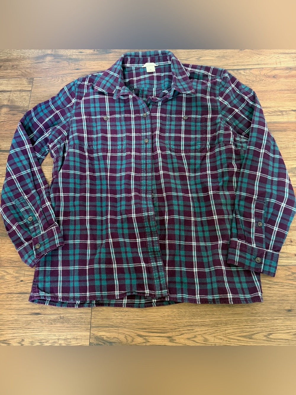 Duluth Trading Women’s Burgundy & Teal Plaid Button-Up Shirt XL Flannel EUC